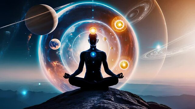 Meditative Silhouette with Cosmic Planetary Alignment


