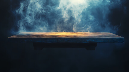 Mystic tabletop floating wooden surface in deep navy void wisps of ethereal smoke dramatic chiaroscuro lighting mysterious ambiance product showcase potential. Chiaroscuro. Illustration