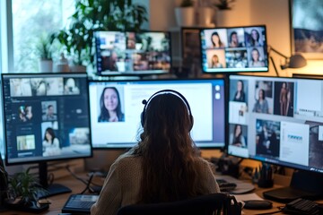 A person hosting a webinar from a home office, speaking into a microphone with multiple screens around