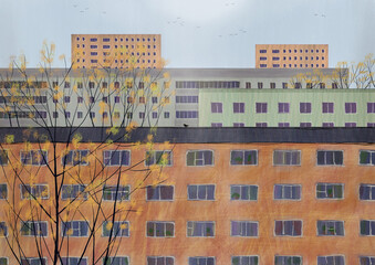 Multi-colored houses standing next to each other. Dense buildings and trees in the city. Brick, gray and green. Autumn illustration