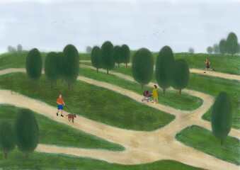 Active forms of recreation in summer. Dog walking. Mother with a pram. Athlete running. Green trees, sandy roads and blue sky in a city park. Illustration, drawing