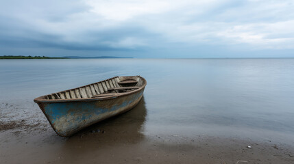 Naklejka premium Tranquil scene: a serene lake shore with a weathered wooden fishing boat under a cloudy sky, evoking nostalgia