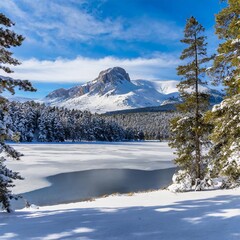 Snow-Covered Pine Forest Surrounding a Frozen Lake, Captured With Majestic Mountain Peaks in the Distance and Clear Blue Skies for a Stunning Winter Landscape