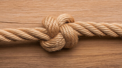 Obraz premium Detailed view of a secure knot joining two ends of a strong, organic rope against a weathered wooden background