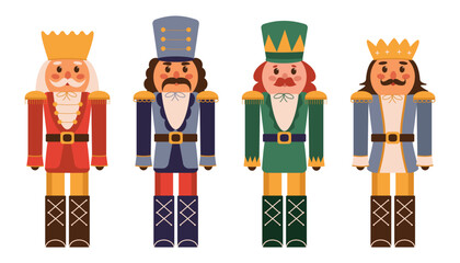 Nutcracker set, Christmas toy. Christmas wooden doll of a handsome soldier. Holiday statue of a soldier. Flat vector illustration on white background