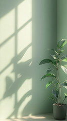 Green plant in a pot sits on the floor against a soft wall, bathed in natural sunlight