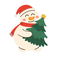 Cute snowman in a hat carrying. Cute snowman with Christmas tree on white background. Vector illustration.