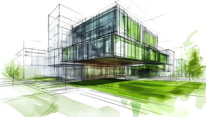 Architectural sketch of a green building, set against a white background