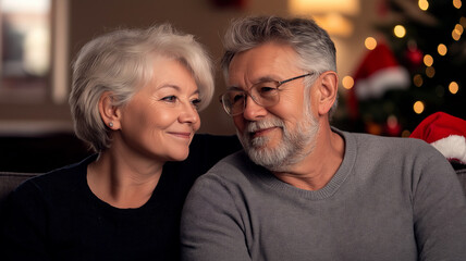 Retired couple happily celebrating christmas at home, sharing a special moment of love and closeness