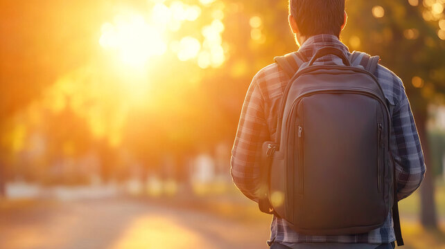 Male college student wearing backpack walking down street at sunset after finishing classes at the university