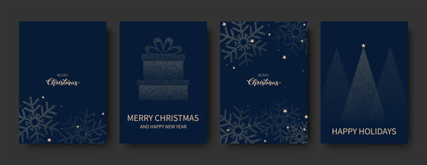 Set of Christmas and New Year cards. Vector illustration. Snowflakes, gifts and Christmas tree on a blue background. Vector illustrations for invitations, greetings, congratulations, covers.