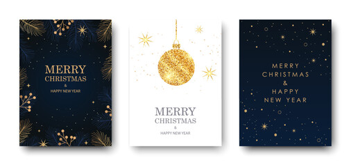 Merry Christmas and Happy New Year greeting card with golden shiny Christmas ball, fir tree branches and berries. Vector illustration.