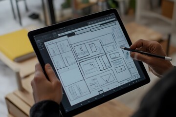 A person sketching a website prototype for a new brand, integrating design elements on a tablet