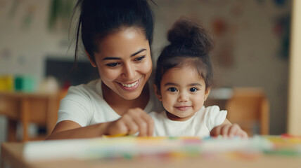 Obraz premium Mother and baby daughter happily playing with colorful toys at home, cherishing special moments together