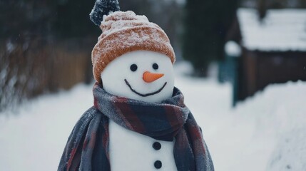 Happy snowman in winter secenery
