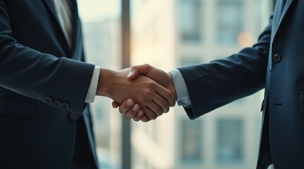 Business Professionals Shaking Hands in Office Setting.