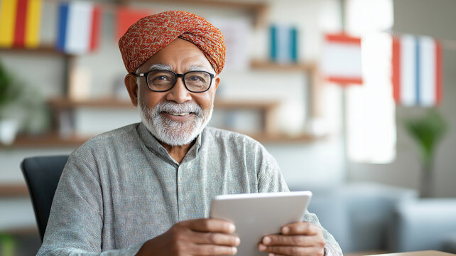 Smiling mature indian teacher in turban using tablet computer in classroom with flags in background, embracing modern tech in education