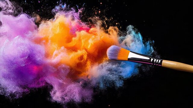 Paintbrush creating colorful powder explosion with hues on black background. Concept of creativity and artistic expression.