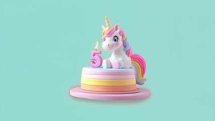 Colorful unicorn themed birthday cake with number 5 candle on pastel blue and pink background. Children's birthday and party concept.