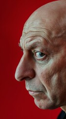 Obraz premium A man with a bald head and a beard is staring at the camera. He has a serious expression on his face