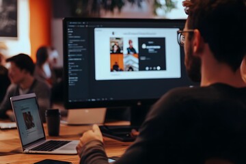 A professional giving an interactive online presentation with slides on a large screen, engaging a virtual audience