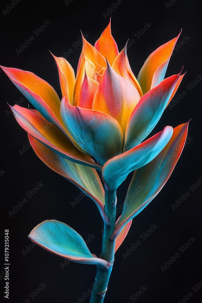 Poster an artistic macro shot of a stunningly colorful flower that showcases vibrant orange and teal gradie