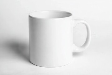 Fototapeta premium Minimalistische weiße Kaffeetasse Porzellan Tasse für Kaffee Tee schlichtes Design Moderne Tasse Fotografie weißer Hintergrund Dekoration Büro Küchendekor Geschenkidee für Kaffeeliebhaber