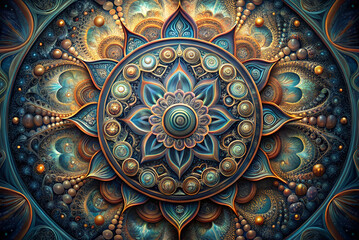 Intricacy of A vibrant, intricate mandala design featuring swirling patterns and harmonious colors, evoking a sense of tranquility and harmony.