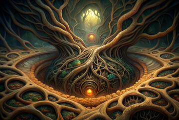 Intricacy of A mystical landscape featuring intertwining roots and glowing orbs, creating a serene, enchanted atmosphere in a deep, forest-like setting.