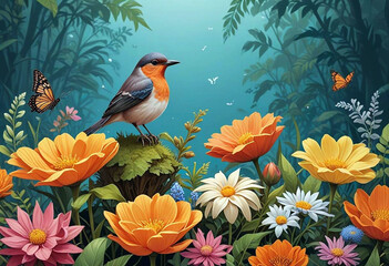 Fototapeta premium A beautiful bird among flowers and nature, in bright colors, creates an atmosphere of harmony