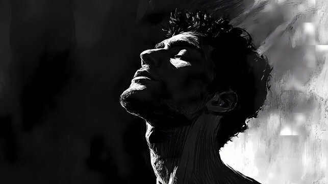 Profile of a man in dramatic lighting. the black and white image highlights the contours of his face and neck, with shadows adding depth and intensity to his expression.. Chiaroscuro. Illustration
