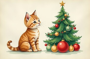 Kitty sits next to a Christmas tree. Vintage style postcard.