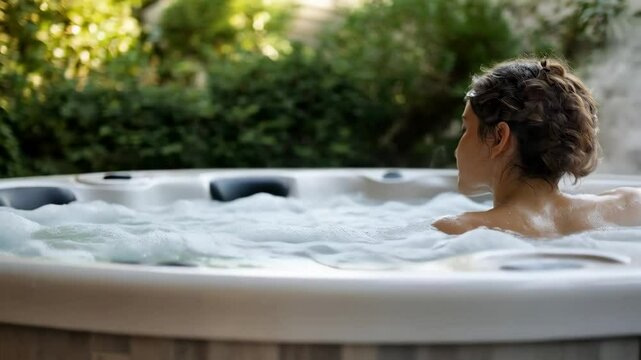 Relaxation in outdoor hot tub with steam on a tranquil day
