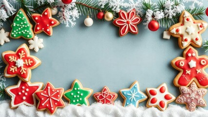 Assorted Christmas cookie ornaments hanging with blank copy space in the middle, xmas, christmas
