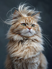 This striking portrait of a cat with a stylishly tousled mane exudes personality, showcasing the elegance and charm of this furry friend with a hint of humor