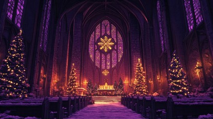Gothic Cathedral Decorated for Christmas with Lit Trees