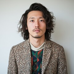 Fototapeta premium スタイリッシュな男性が独特なコーディネートでカメラを見つめるシンプルな背景のポートレート