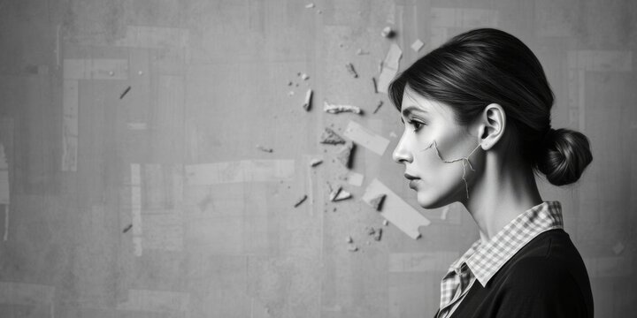 Black and white side profile of female head disintegrating on wide background for stress management concept campaign template, copy space, head