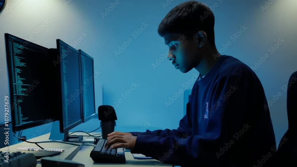 Poster male student working late on computer science project in college lab generative ai