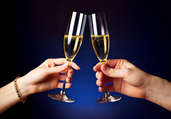 Hands of a man and a woman toasting with champagne. Dark blue background. Ideal for Valentines day, New Years, wedding, birthday, party celebrations.