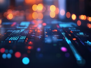 Stock market data. Table of digital data displayed on large screen with lights and blurred background