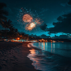 Jamaican Beach at Night with Fireworks and Color Grading