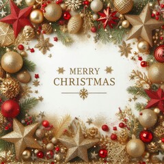 Christmas seamless decoration isolated on white background. Christmas tree border, frame. Gold and red glitter ornaments, stars. For holiday headers, banners, party posters
