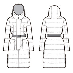 Detailed puffer coat with belted waist, hood, and button-up design, front and back views.

