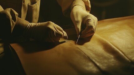 Obraz premium Master Craftsman Sewing Leather with Precision - Skilled Worker Creating American Leather Goods - Close-up of Handiwork with Ultra-Detailed Craftsmanship