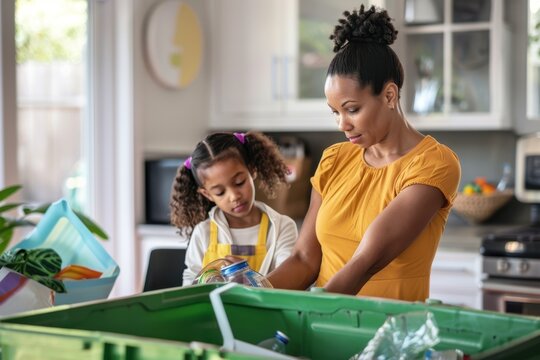 Biracial mother and daughter recycle together at home.