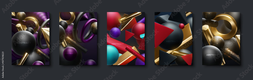 Aufkleber abstract poster set with geometric 3d shapes. placard for flyer design in vertical a4 format. vector
