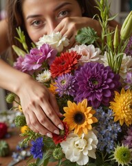 Naklejka premium Female florist with a joyful expression arranging a vibrant bouquet of flowers