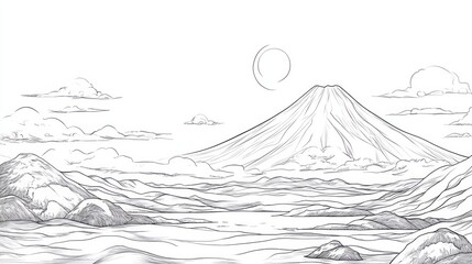 Japanese New Year Card for the Year of the Rabbit 2023, Simple line drawing of Mt Fuji and sunrise on the first day of the year stock illustration 