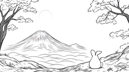 Fototapeta premium Japanese New Year Card for the Year of the Rabbit 2023, Simple line drawing of Mt Fuji and sunrise on the first day of the year stock illustration 